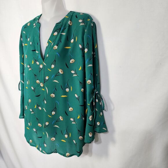 41 Hawthorn Womens Blouse Small Trina Bell Tie 3/4 Sleeve Green Floral V Neck - Picture 5 of 12
